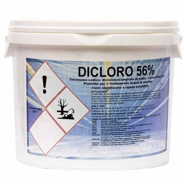 Լողավազանի ջուրը ախտահանող փոշի DICLORO 56%, 5 կգ.